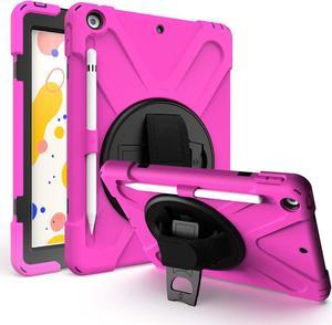 iPad 10.2 9th 8th 7th Gen Case, Shockproof Heavy Duty Rugged Stand Pencil Holder Carrying Strap Sling for Apple iPad 10.2 inch 2021/2020/2019 [Shield Hot Pink]