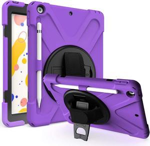 iPad 10.2 9th 8th 7th Gen Case, Shockproof Heavy Duty Rugged Stand Pencil Holder Carrying Strap Sling for Apple iPad 10.2 inch 2021/2020/201 [Shield Purple]