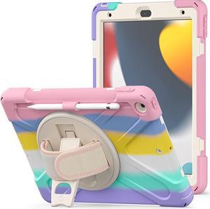 iPad 9th 8th 7th Gen Case 10.2, Heavy Duty Shockproof Protection, Kickstand, Hand Strap, Pencil Holder Loop, Carry Shoulder Sling for Apple iPad 9th Gen 10.2" [2019/2020/2021] Rainbow Pastel