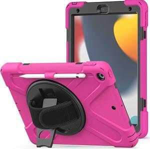 iPad 10.2 9th Generation Case, Shockproof Heavy Duty, Kickstand, Handstrap, Carrying Sling Strap, Pencil Holder, Cover for Apple iPad 10.2 inch 9th 8th 7th Gen 2021/2020/2019 Shield Hot Pink