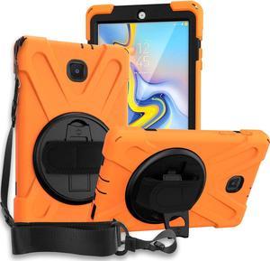 Galaxy Tab A 8.0 T387 Case, Heavy Duty Case Tempered Glass Screen Protector Cover Kickstand Handle Carrying Sling Strap for Samsung Galaxy Tab A 8.0 2018/2019 LTE SM-T387 (Orange)