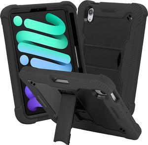 iPad Mini 6th (2021) Gen Case Heavy Duty Cover Dual-Layer Impact Drop Protection with Kick Stand for Apple iPad Mini 6th Gen (2021) [Black in / Black Out]