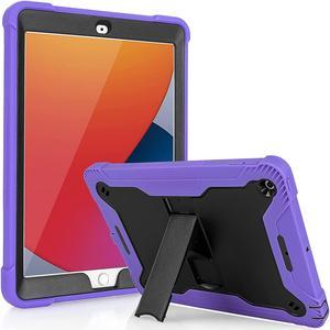 iPad 7th 8th Case, Heavy Duty Rugged Bumper Dual-Layer Protection Cover with Kickstand for Apple iPad 10.2" 7th 8th Gen 2019/2020 [Black in / Purple Out]