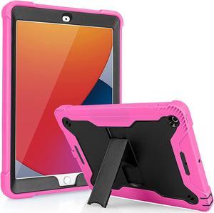 iPad 7th 8th Case, Heavy Duty Rugged Bumper Dual-Layer Protection Cover with Kickstand for Apple iPad 10.2" 7th 8th Gen 2019/2020 [Black in / Hot Pink Out]