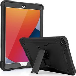 iPad 7th 8th Case, Heavy Duty Rugged Bumper Dual-Layer Protection Cover with Kickstand for Apple iPad 10.2" 7th 8th Gen 2019/2020 [Black in / Black Out]