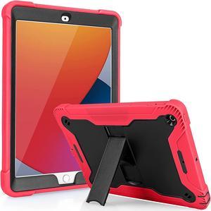 iPad 7th 8th Case, Heavy Duty Rugged Bumper Dual-Layer Protection Cover with Kickstand for Apple iPad 10.2" 7th 8th Gen 2019/2020 [Black in / Red Out]