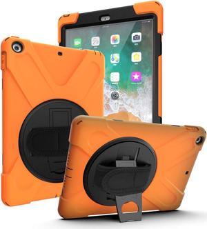 iPad 9.7 2017/2018 5th 6th Gen Case, Shockproof Heavy Duty Case Cover Kickstand Carrying Sling Strap Tempered Glass Screen Protector for Apple iPad 5th 6th Gen (Shield Orange)