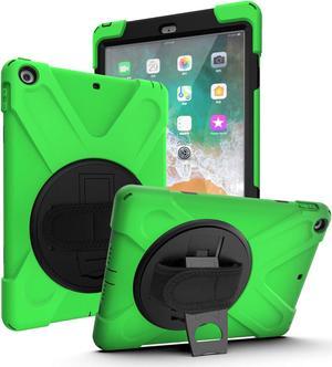 iPad 9.7 2017/2018 5th 6th Gen Case, Shockproof Heavy Duty Case Cover Kickstand Carrying Sling Strap Tempered Glass Screen Protector for Apple iPad 5th 6th Gen (Shield Green)