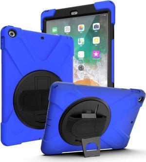 iPad 9.7 2017/2018 5th 6th Gen Case, Shockproof Heavy Duty Case Cover Kickstand Carrying Sling Strap Tempered Glass Screen Protector for Apple iPad 5th 6th Gen (Shield Blue)