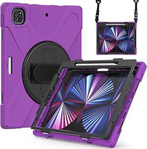 iPad Pro 12.9 Case 2021, Shockproof Heavy Duty Case Cover Stand Hand Strap with Pencil Holder for Apple iPad Pro 12.9 5th Gen [Shield Purple]