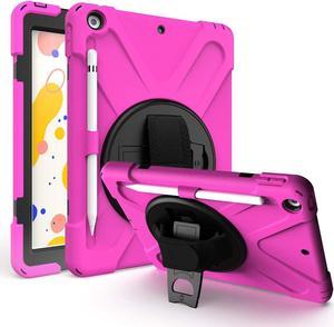 iPad 8th Gen 10.2 Case Heavy Duty Shield Case Tempered Glass Screen Protector Cover Stand Rotating Handle Palm Grip Carrying Sling Strap for Apple iPad 10.2 2019/2020 7th 8th [Hot Pink]