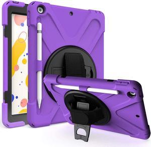 iPad 8th Gen 10.2 Case Heavy Duty Shield Case Tempered Glass Screen Protector Cover Stand Rotating Handle Palm Grip Carrying Sling Strap for Apple iPad 10.2 2019/2020 7th 8th [Purple]