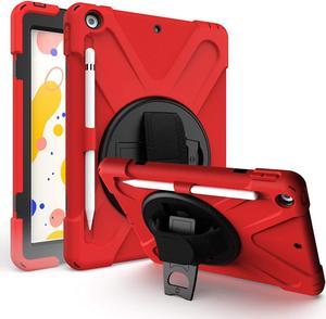 iPad 8th Gen 10.2 Case Heavy Duty Shield Case Tempered Glass Screen Protector Cover Stand Rotating Handle Palm Grip Carrying Sling Strap for Apple iPad 10.2 2019/2020 7th 8th [Red]