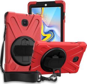 Galaxy Tab A 8.0 T387 Case, Heavy Duty Case Tempered Glass Screen Protector Cover Kickstand Handle Carrying Sling Strap for Samsung Galaxy Tab A 8.0 2018/2019 LTE SM-T387 (Red)