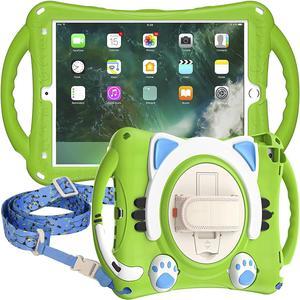 iPad 10.2 7th 8th Gen, Heavy Duty Rugged Protection Cute Kid-Friendly Case Cover Stand/Shoulder Strap for Apple iPad 10.2 / Pro 10.5 / Air 10.2 [ Cat Shield-Frog Green]