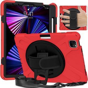 iPad Pro 11 Case 2021/2020/2018/Air 4 10.9 , Premium Protection Shockproof Heavy Duty Case Cover Stand Hand Strap for Apple iPad Pro 11-inch/ iPad Air 4 10.9 [Shield Red]