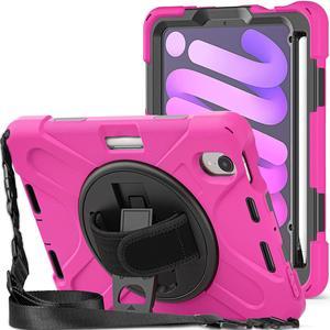 iPad Mini 6 Case, Heavy Duty Shockproof Protection, Kickstand, Hand Strap, Pencil Holder Loop, Carry Shoulder Sling for Apple iPad Mini 6 (2021) (Hot Pink)