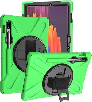 Shockproof Case Full-Body Heavy Duty Cover Stand with Shatterproof Ceramic Screen Protector for Samsung Galaxy Tab S7 11.0 2020 SM-T870 (Green)