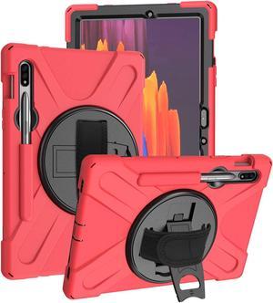 Shockproof Case Full-Body Heavy Duty Cover Stand with Shatterproof Ceramic Screen Protector for Samsung Galaxy Tab S7 11.0 2020 SM-T870 (Red)