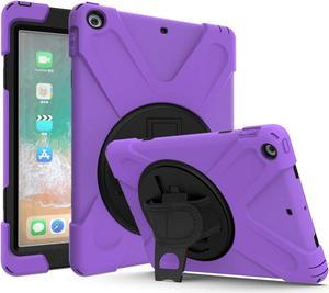 iPad 9.7 Case, Heavy Duty Case Tempered Glass Screen Protector Cover Kickstand Handle Carrying Sling Strap for Apple iPad 5th 6th Gen 2017 2018 (Purple)