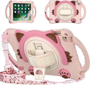 iPad Mini 1 2 3 4 5 Case, Shockproof Heavy Duty Cover Hand Strap Kickstand Carrying Shoulder Strap Sling for Apple iPad Mini 1st 2nd 3rd 4th 5th Gen [ Cat Shield-Pink]