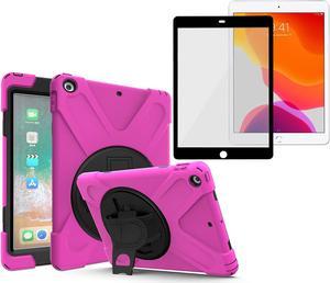 Shockproof Case Full-Body Heavy Duty Cover Stand with Shatterproof Ceramic Screen Protector for Apple iPad 9.7 5th Gen 2017/6th Gen 2018 (Hot Pink)