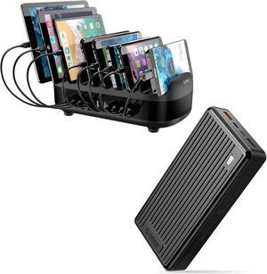 120W 10 USB Ports Fast Charging Station with 30000mAh Portable Charger, Black, 10 Short Mixed Cables Included