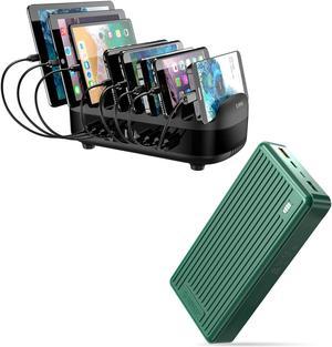 120W 10 USB Ports Fast Charging Station with 30000mAh Portable Charger, Green, 10 Short Mixed Cables Included