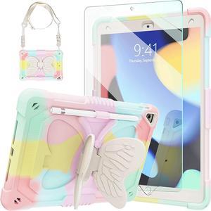 New iPad 10.2 Case for Kids Girls, iPad 9th/8th/7th Generation Case with Tempered Glass Screen Protector&Shoulder Strap| Rugged Protective Case for iPad 10.2 inch 2021/2020/2019(Multicolor)