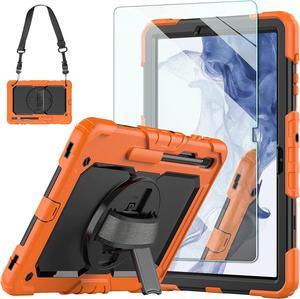 Case for Samsung Galaxy Tab S8 plus 2022/S7 FE/S7 Plus 12.4 inch, with 9H Tempered Glass Screen Protector [Upgraded Military Grade]Heavy Duty Shockproof Cover with S-Pen Holder&Strap (Orange)