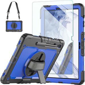 Case for Samsung Galaxy Tab S8 plus 2022/S7 FE/S7 Plus 12.4 inch, with 9H Tempered Glass Screen Protector [Upgraded Military Grade]Heavy Duty Shockproof Cover with S-Pen Holder & Strap (Blue)