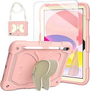 New iPad 10th Generation 10.9 inch 2022 for Kids Girls, with Tempered Glass Screen Protector&Shoulder Strap|Heavy Duty Shockproof Rugged 10.9" 10 Gen Cover for Kids Girls Children(Rose Pink)