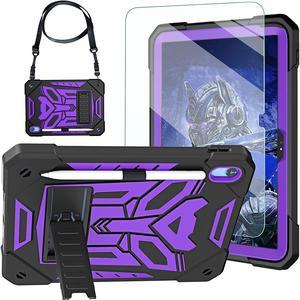 Kids Case for iPad 10th Generation, with Tempered Glass Screen Protector&Shoulder Strap|Hybrid Shockproof Rugged Cover for iPad 10.9 Inch 2022 Release for Kids Boys Children-Purple