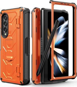 Case for Samsung Galaxy Z Fold 4 5G (2022 Release),Samsung Z Fold 4 Case with S Pen Holder & Kickstand, Full Body Rugged Hinge Protection Case with Built-in Screen Protector, Metallic Orange