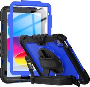 Case for iPad 10th Generation 10.9 inch with Screen Protector | 3 Layer Shockproof Rugged Durable Rubber Protective Case W/Rotating Stand Hand Strap Shoulder Strap for iPad A2757/A2777 | Blue