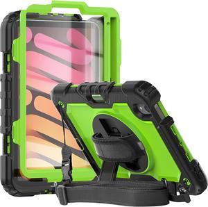 Case for iPad Mini 6 with Screen Protector Pencil Holder | Heavy Duty iPad A2567/A2568/A2569 Case W/Kickstand Handle Grip Shoulder Strap | Support 2nd Gen Pencil Wireless Charging | Green