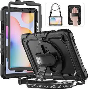 for  Galaxy Tab S6 Lite Case 10.4 Inch 2024/2022/2020 with Screen Protector/Rotating Hand Strap/S Pen Holder, Shockproof Case for Galaxy Tab S6 lite (SM-P620/P610/P613/P615), Black