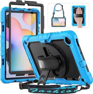 Galaxy Tab S6 Lite Case 2020/2022 Model SM-P613/P619/P610/P615, Samsung S6 Lite Case with Pencil Holder 360 Rotating Hand Strap/Stand/Screen Protector Heavy Duty Case for Kids, Light Blue