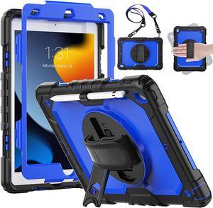 for iPad 10.2 Case, Protective iPad 9th 8th 7th Generation Case 2021/2020/2019, with Screen Protector/ 360 Rotating Hand Strap/Pencil Holder/Heavy Duty iPad 10.2 Cover, Black/Blue