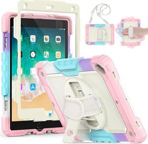 Case Compatible with iPad 6th/5th Generation 9.7", Shockproof Case with [Screen Protector] Pencil Holder, 360 Rotating Stand Hand Strap for iPad Air 2 9.7 Inch (2017/2018), Milky+Pink