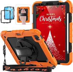 iPad Pro 11 Inch Case (2022/2021/2020/2018) Shockproof Protective Case with Pencil Holder/Rotable Kickstand/Handle/Shoulder Strap for iPad Air 5th/4th, Kids iPad Case (Orange)