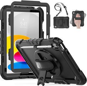 Shockproof iPad 10th Generation Case10.9 inch 2022, iPad 10 Cover with 360° Rotating Hand Strap Stand/Screen Protector/Pencil Holder, Heavy Duty iPad 10th Gen Case A2696/A2757/A2777, Black