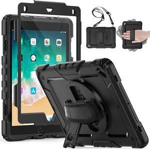 Case for iPad Pro 9.7" inch & Air 2 & 9.7 inch Case 2018/2017/2016/2014 with Screen Protector Pencil Holder, Shockproof Case with 360 Degree Rotating Hand Strap/Stand for iPad 9.7" - Black