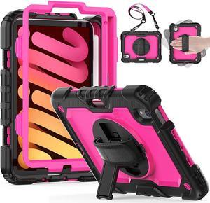 iPad Mini 6 Case 2021 with Screen Protector, Pencil Holder [360 Rotating Stand/Hand Strap] Shoulder Strap, Shockproof Full Body Protective Case for iPad Mini 6th Generation 8.3 inch - Rose