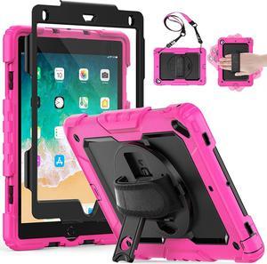 Case Compatible with iPad Air 2 & iPad 6th/5th Generation 9.7", Shockproof Full Body Protective Case with Screen Protector Pen Holder, 360 Rotating Stand Hand Strap for iPad 9.7 Inch - Pink