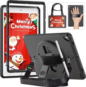 iPad 9th/8th/7th Generation case with Screen Protector Pencil Holder, 360°Rotating Stand/Hand Strap, Shockproof Full Body Protective case for iPad 10.2 inch 2021/2020/2019 - Black