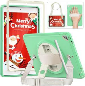 iPad 9th/8th/7th Generation case with Screen Protector Pencil Holder, 360 Degree Rotating Stand/Hand Strap Shoulder Strap Shockproof case for iPad 10.2 inch 2021/2020/2019 - Mint Green