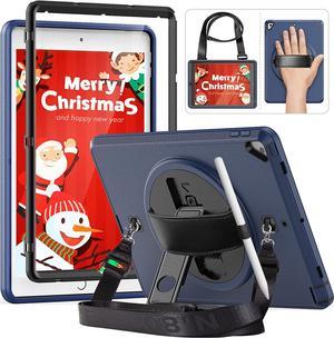 iPad 9th/8th/7th Generation case 10.2 inch, Durable Shockproof Case with Screen Protector Pencil Holder, Rotating Hand Strap/Stand for iPad 10.2 inch 2021/2020/2019 - Navy Blue