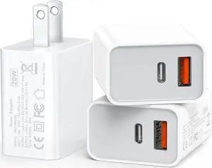 USB C Wall Charger Block 20W, 3-Pack Dual Port PD Power Delivery Fast Type C Charging Block Plug Adapter for iPhone 13/12/11 /Pro Max, XS/XR/X, iPad Pro, AirPods Pro, Samsung Galaxy(White) - OEM
