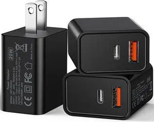 USB C Wall Charger Block 20W, 3-Pack Dual Port PD Power Delivery Fast Type C Charging Block Plug Adapter for iPhone 13/12/11 /Pro Max, XS/XR/X, iPad Pro, AirPods Pro, Samsung Galaxy and More(Black) - OEM